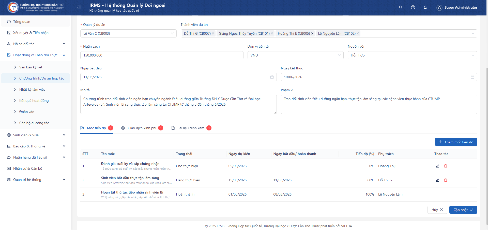 Các tab quản lý dự án