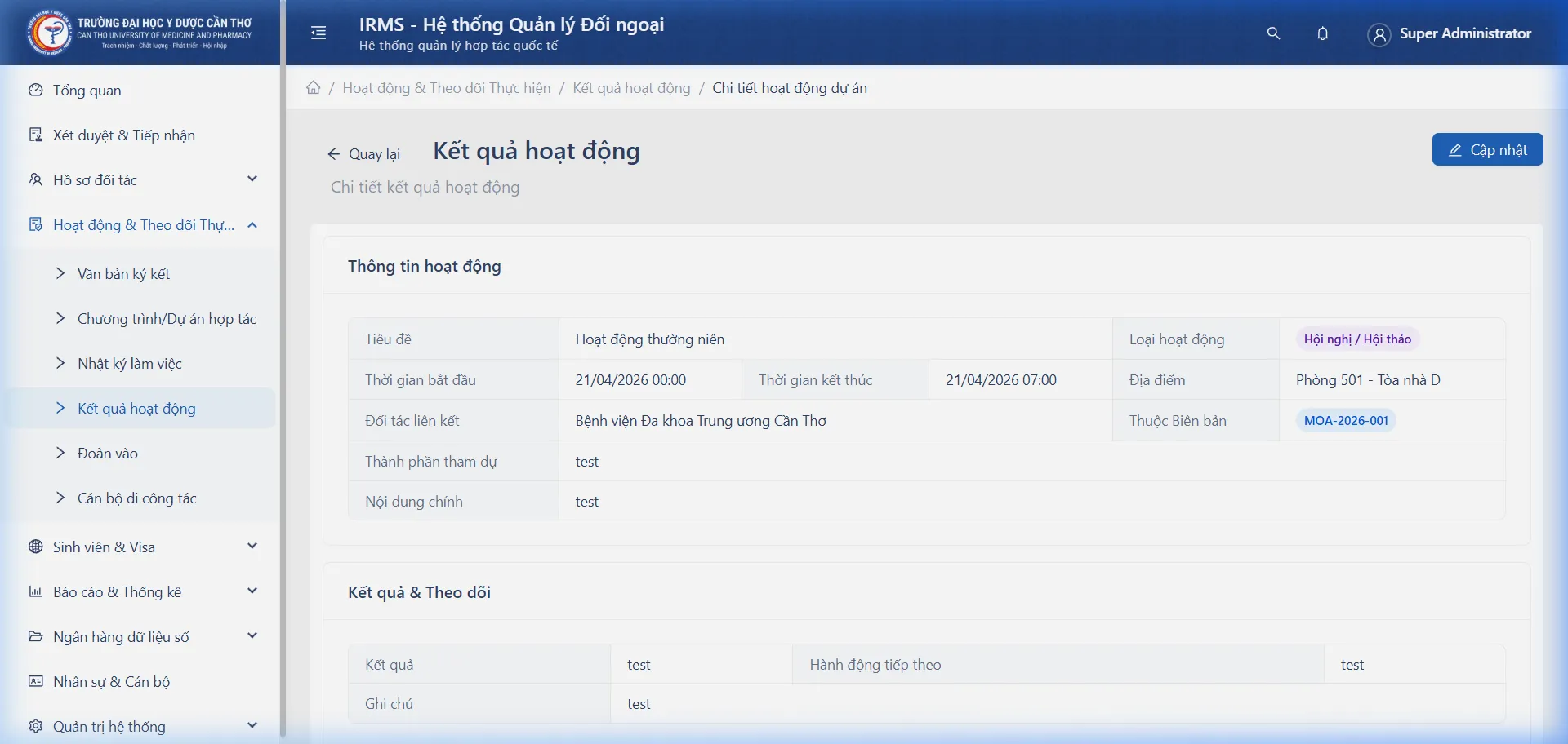 Màn hình Chi tiết Kết quả hoạt động