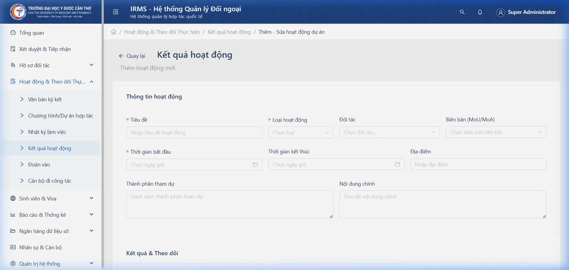 Màn hình Thêm mới Kết quả hoạt động