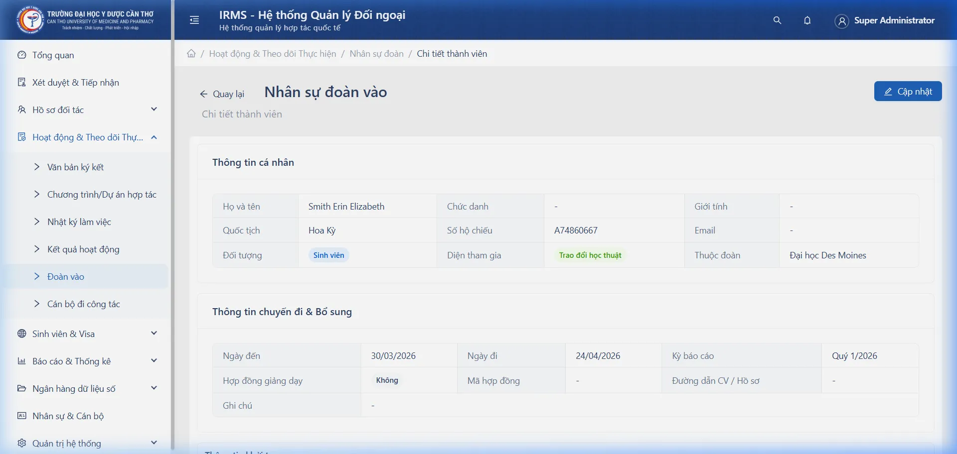 Chi tiết Nhân sự Đoàn vào