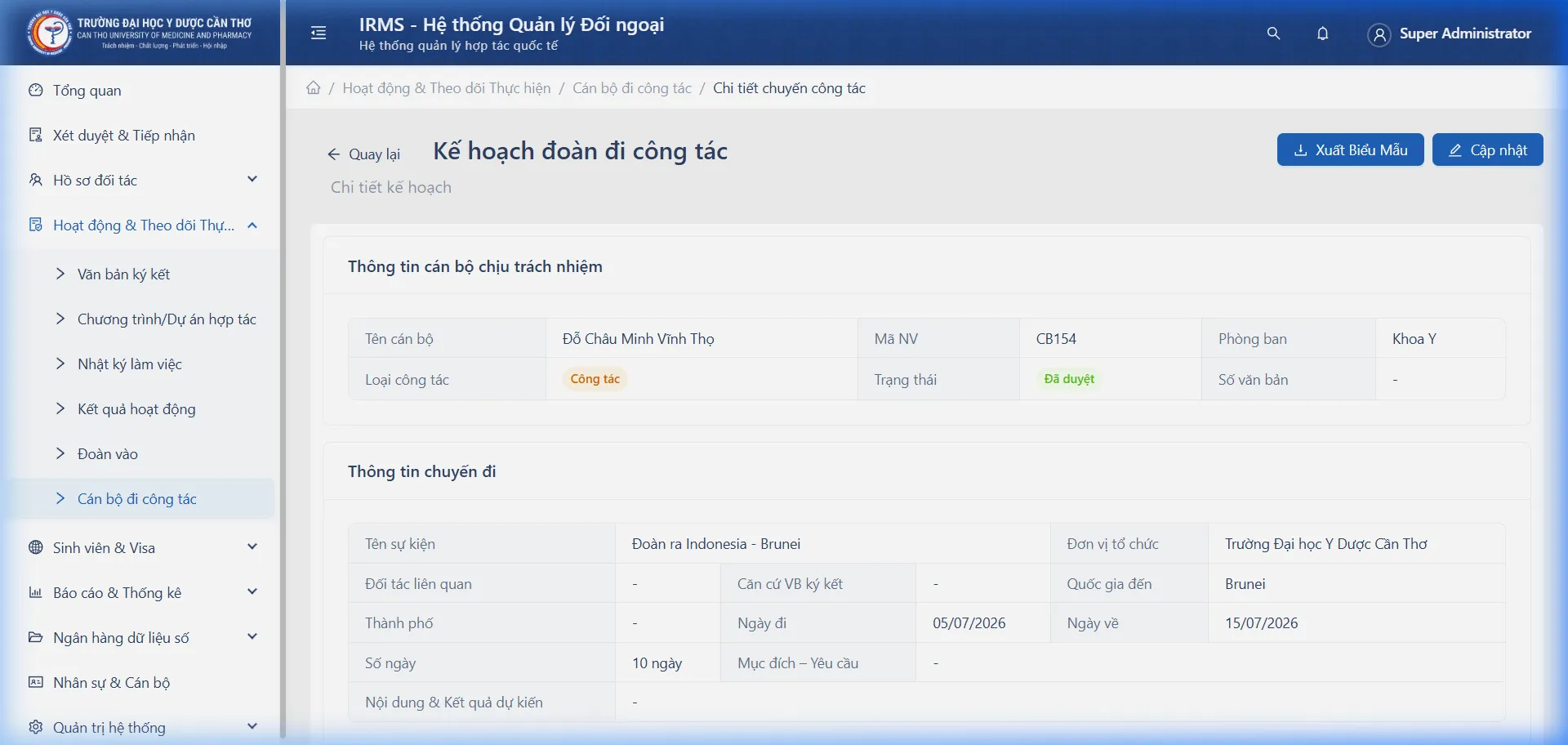 Màn hình Chi tiết Chuyến công tác