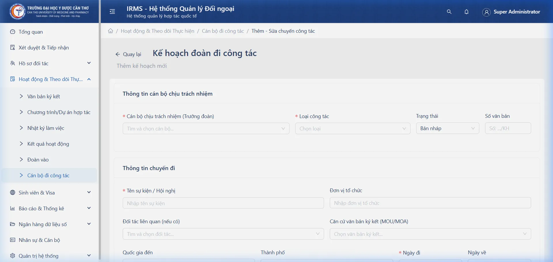 Màn hình Thêm mới/Cập nhật Chuyến công tác