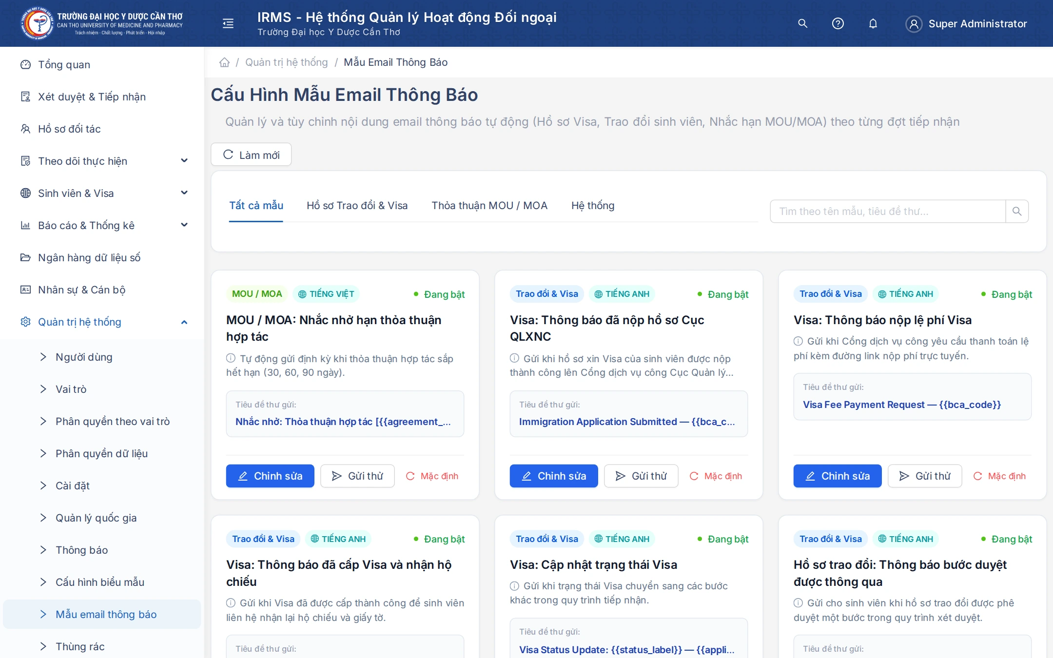 Danh sách mẫu email thông báo trong IRMS