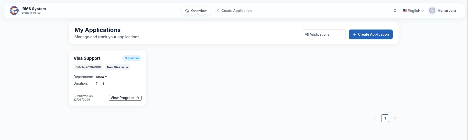 Student Application List Screen
