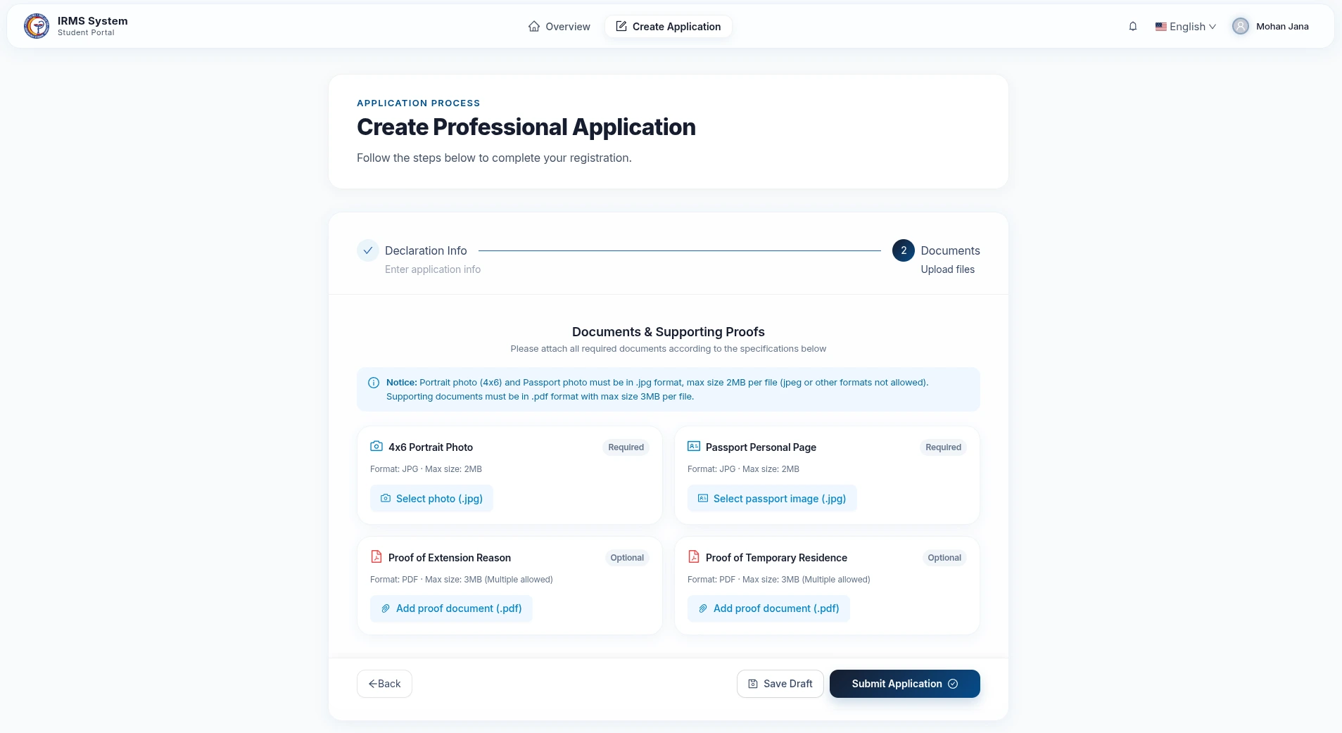 Student Application Document Attachment Step 2