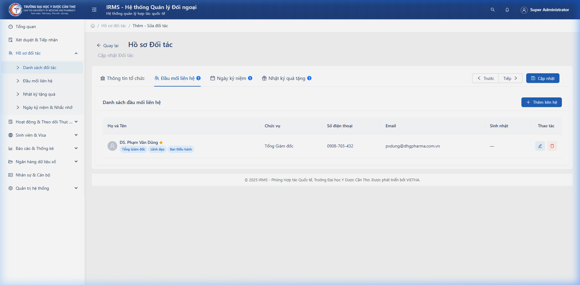 Tab 2: Danh sách đầu mối liên hệ
