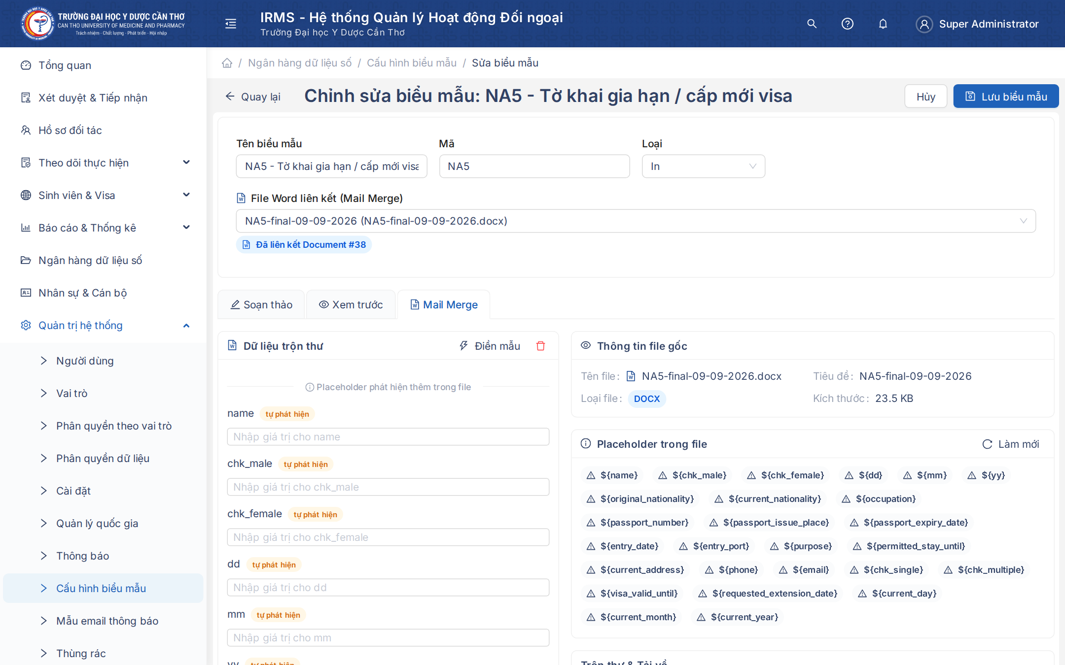 Giao diện Tab Mail Merge tự động quét biến và cho phép điền thử
